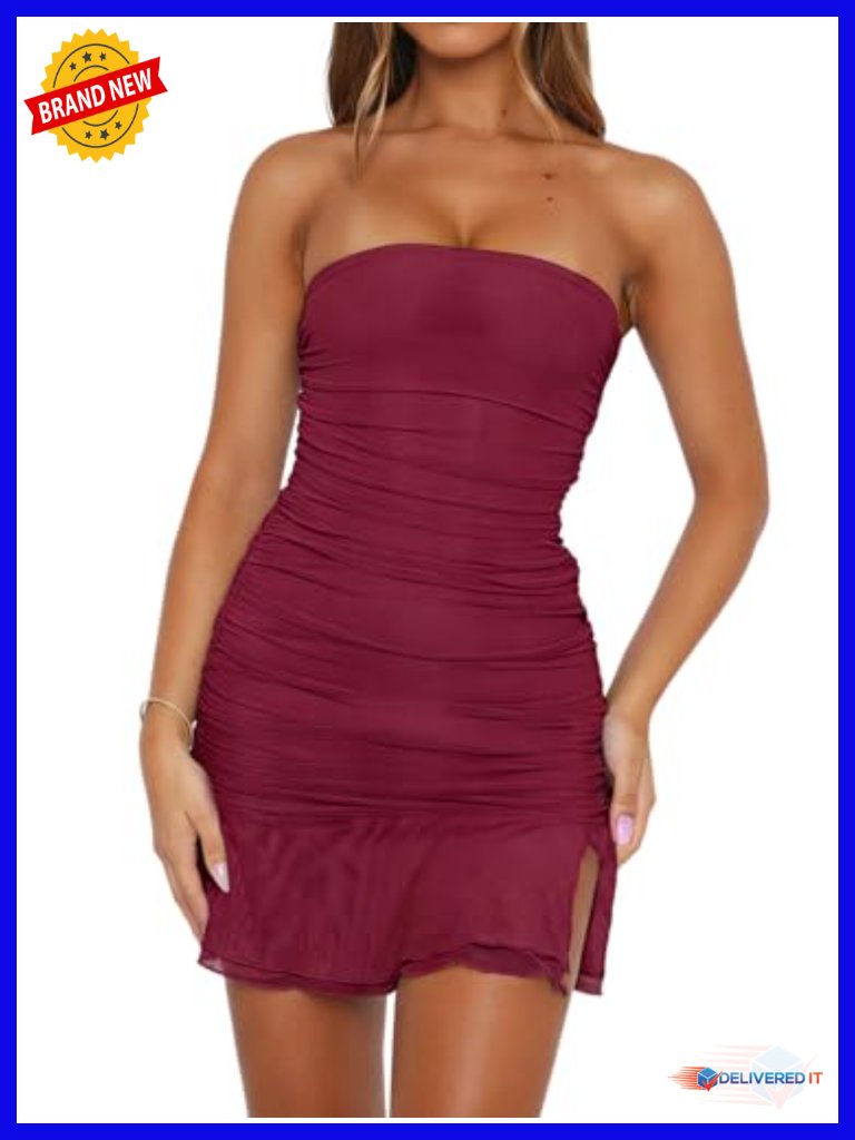 Strapless Tube Mini Dress Backless Slit Ruffle Hem Bodycon Party Short Dress
